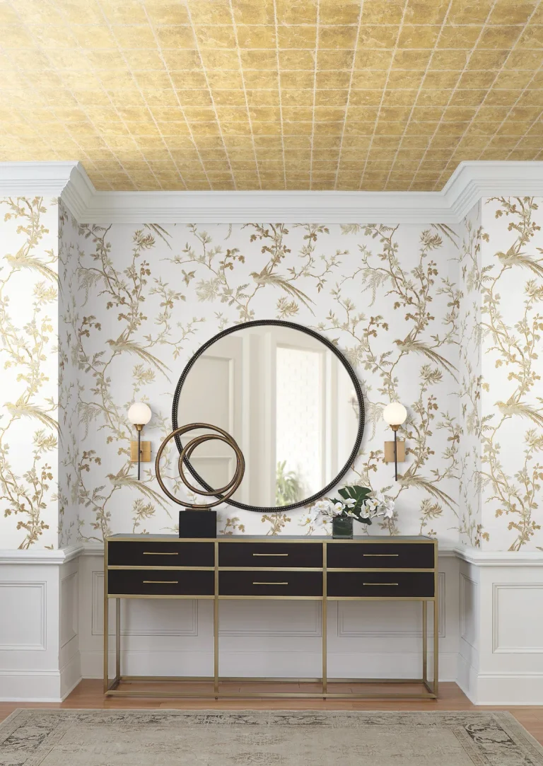 Ronald Redding Bird & Blossom Chinoserie Wallpaper - White/Gold — Ảnh 5