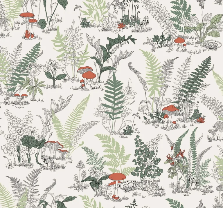 Mushroom Garden Toile Wallpaper - Red/Green — Image 5