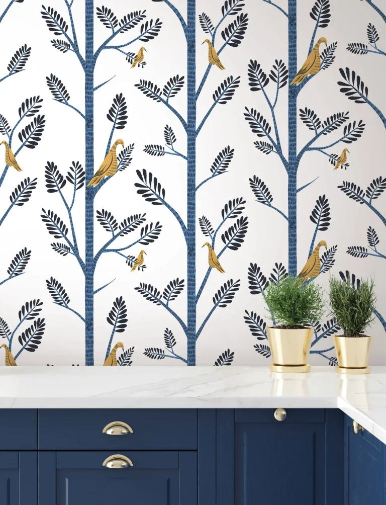 Aviary Branch Peel and Stick Wallpaper - Goldfinch/Cobalt — Image 2