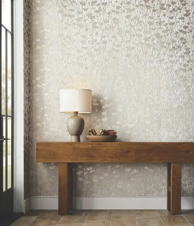 Ronald Redding Shimmering Poppies Wallpaper - White & Gold