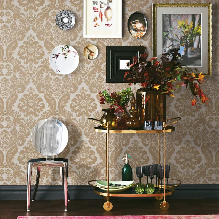 Shadow Flocked Damask Wallpaper - Khaki — Ảnh 3