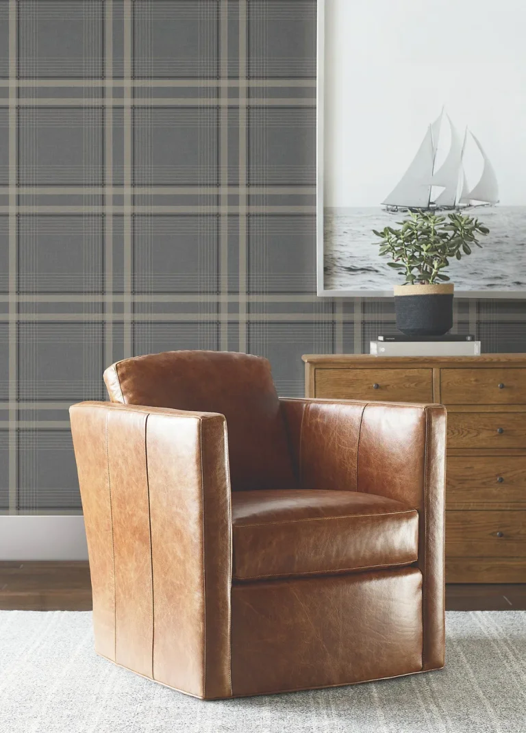 Ronald Redding Country Club Plaid Faux Linen Wallpaper - Charcoal — Ảnh 3