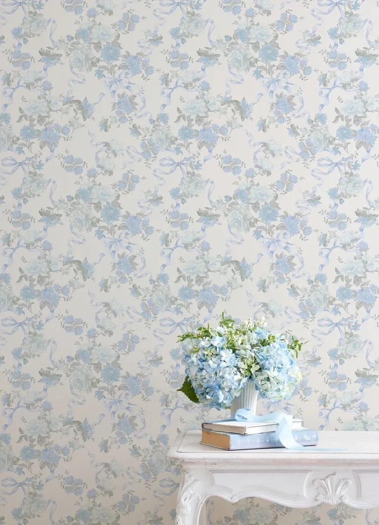 LoveShackFancy Cabbage Rose Bow Ribbons & Roses Wallpaper - Dusty River Blue — Ảnh 4