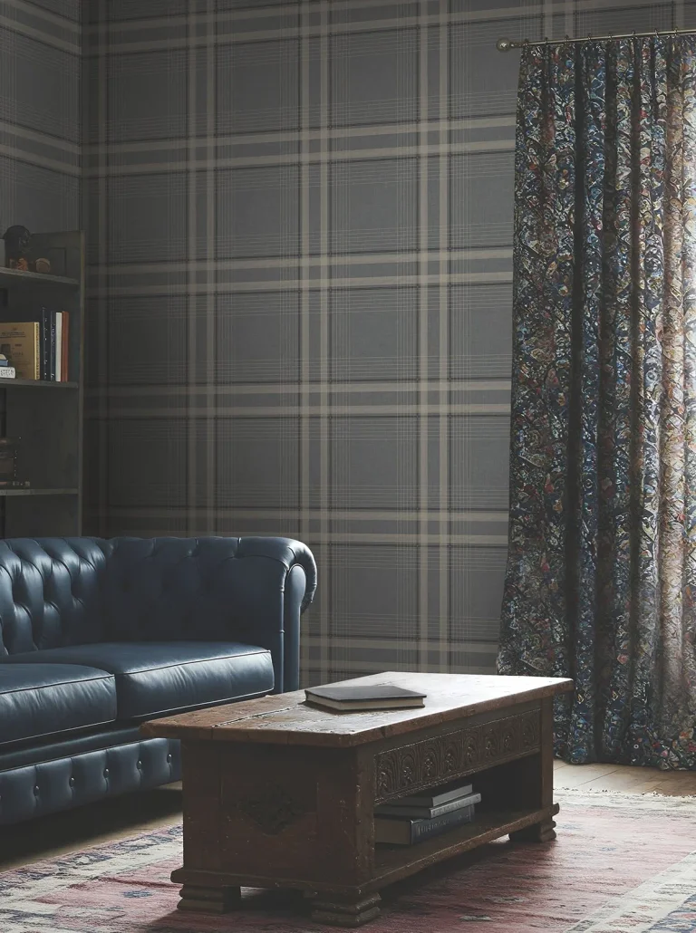 Ronald Redding Country Club Plaid Faux Linen Wallpaper - Charcoal — Ảnh 5