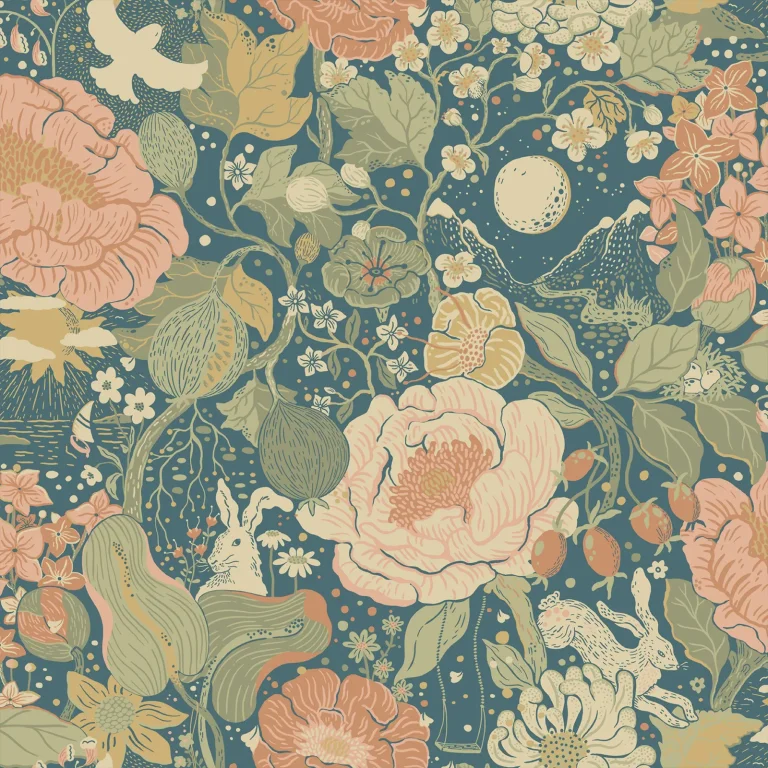 Växa Rabbits & Rosehips Wallpaper - Teal — Ảnh 2