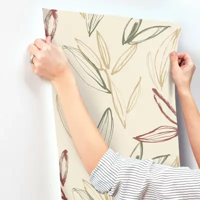 Kenia Leaf Toss Wallpaper - Cream/Red/Green