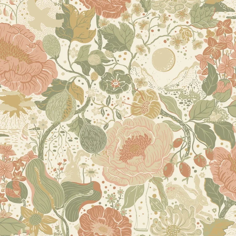 Växa Rabbits & Rosehips Wallpaper - Green — Ảnh 4