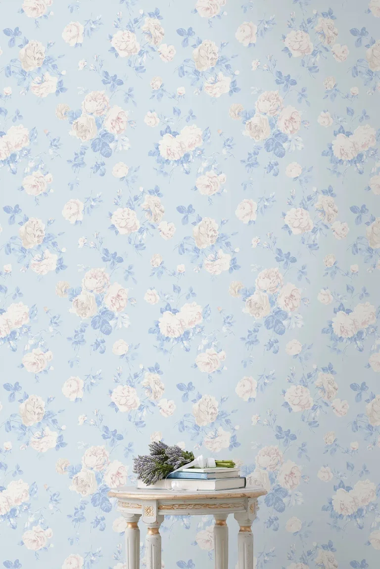 LoveShackFancy Everblooming Rosettes Cabbage Rose Bouquets Wallpaper - Blue — Image 4
