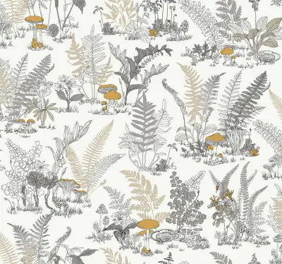 Mushroom Garden Toile Wallpaper - Neutral/Gold
