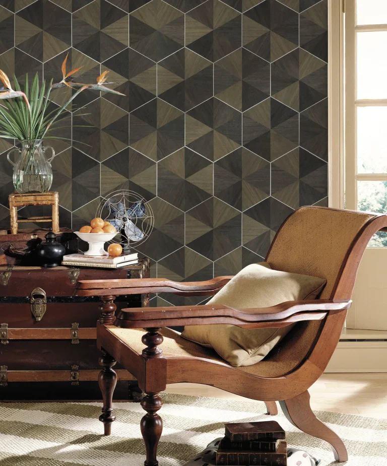 Ronald Redding Hexagram Wood Veneer Wallpaper - Brown & Black — Ảnh 3