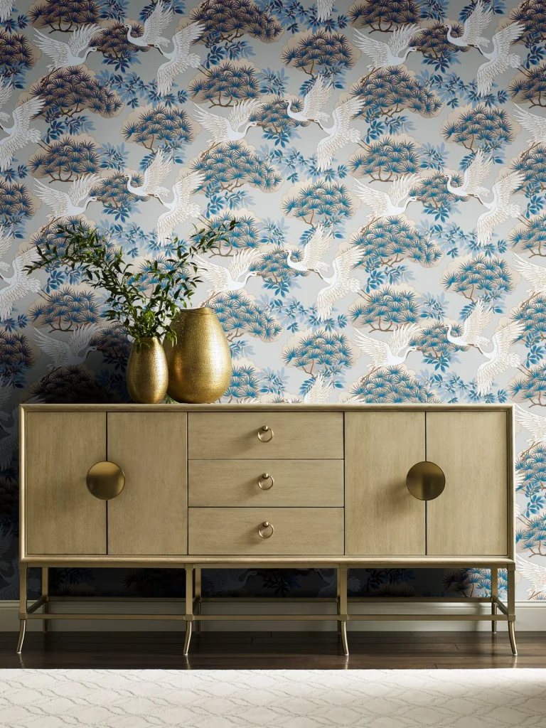 Ronald Redding Sprig & Heron Wallpaper - Light Blue