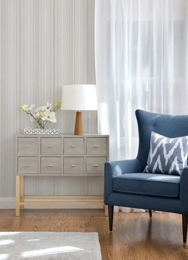 Chesapeake Lascelle Modern Pinstripe Wallpaper - Light Grey — Image 3
