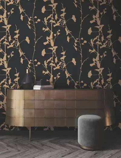 Ronald Redding Ginkgo Silhouette Cork Wallpaper - Black & Gold