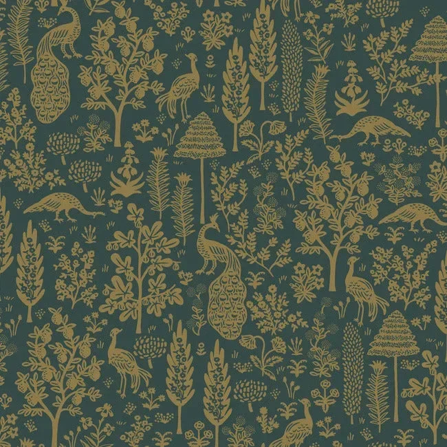 Rifle Paper Co. Menagerie Toile Wallpaper - Emerald & Metallic Gold — Ảnh 4