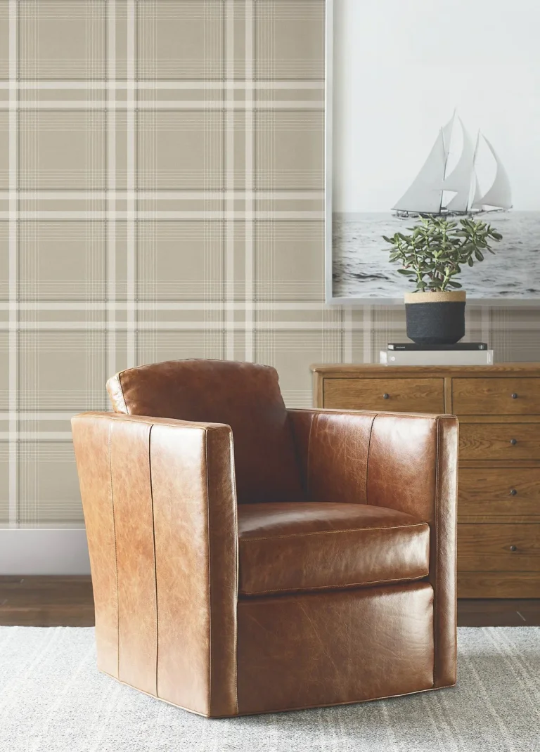 Ronald Redding Country Club Plaid Faux Linen Wallpaper - Taupe — Image 3