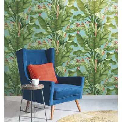 Banana Leaf Wallpaper - Aqua & White