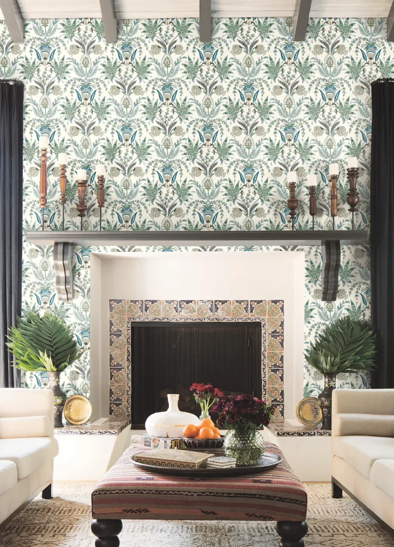 Seaside Jacobean Wallpaper - White/Green/Blue — Ảnh 4