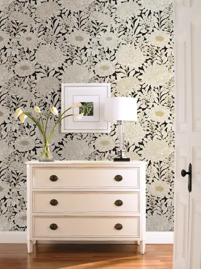 Wood Block Blooms Wallpaper - Black/Gold