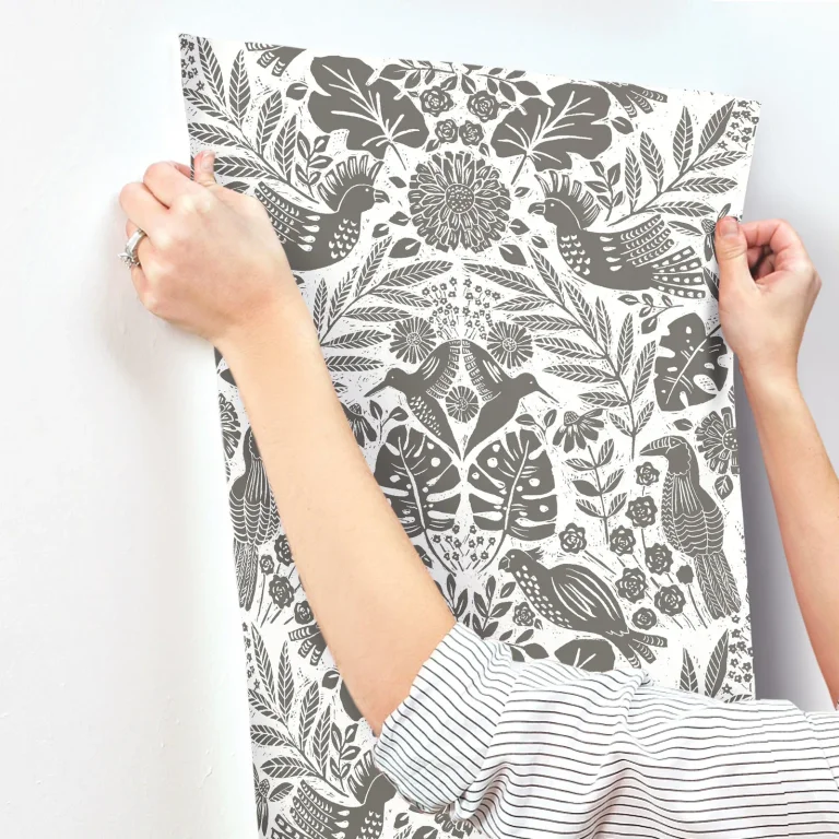 Nestle Bird Block Print Wallpaper - Charcoal