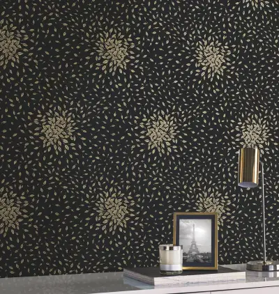 Petite Leaves Wallpaper - Black/Gold