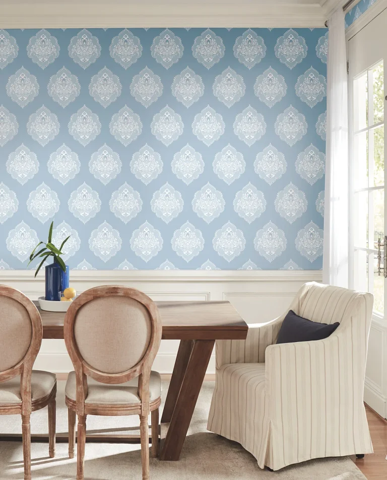 Signet Medallion Damask Wallpaper - Blue — Image 3