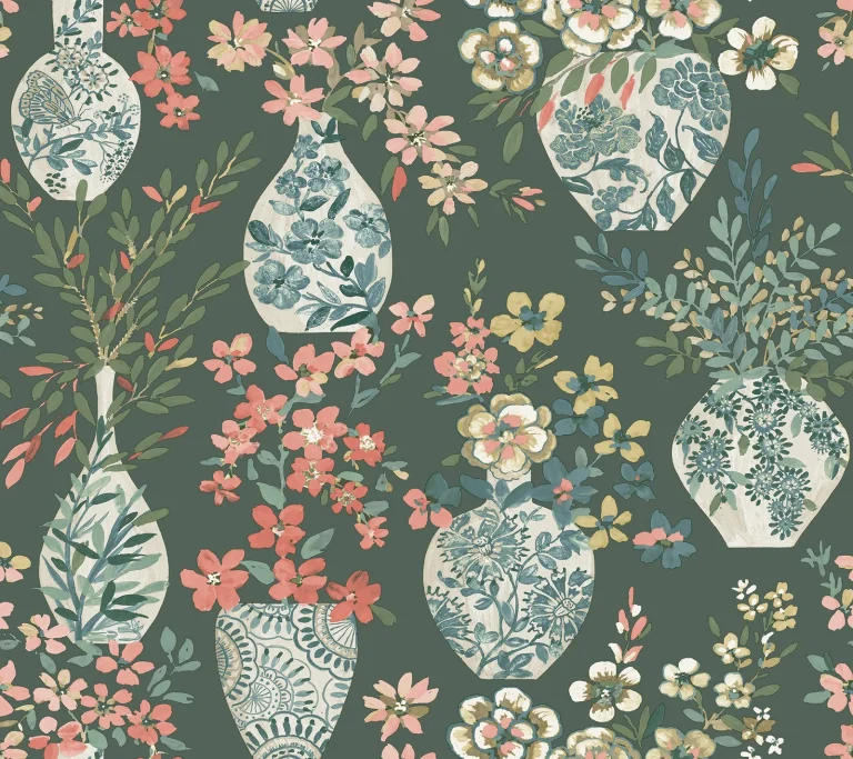 Harper Floral Vase Wallpaper - Green — Ảnh 4