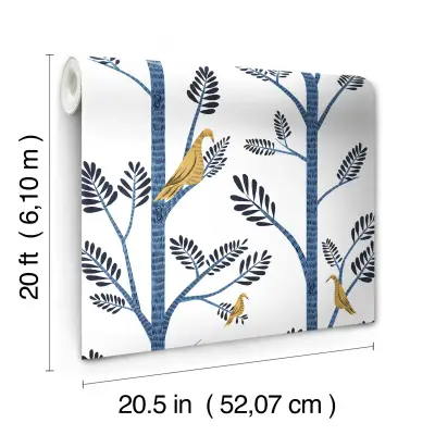 Aviary Branch Peel and Stick Wallpaper - Goldfinch/Cobalt