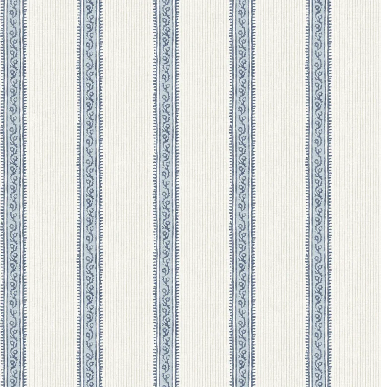 Chesapeake Mandevilla Vine Stripe Wallpaper - Blue and Cream — Image 5