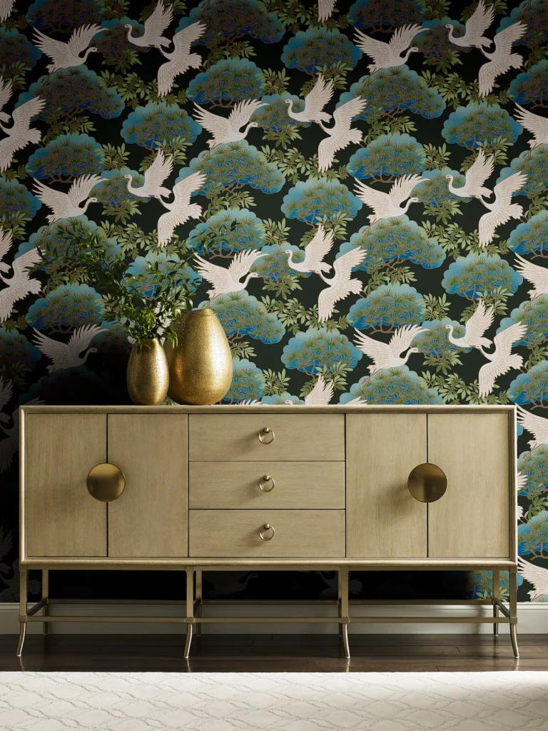 Ronald Redding Sprig & Heron Wallpaper - Black — Ảnh 4