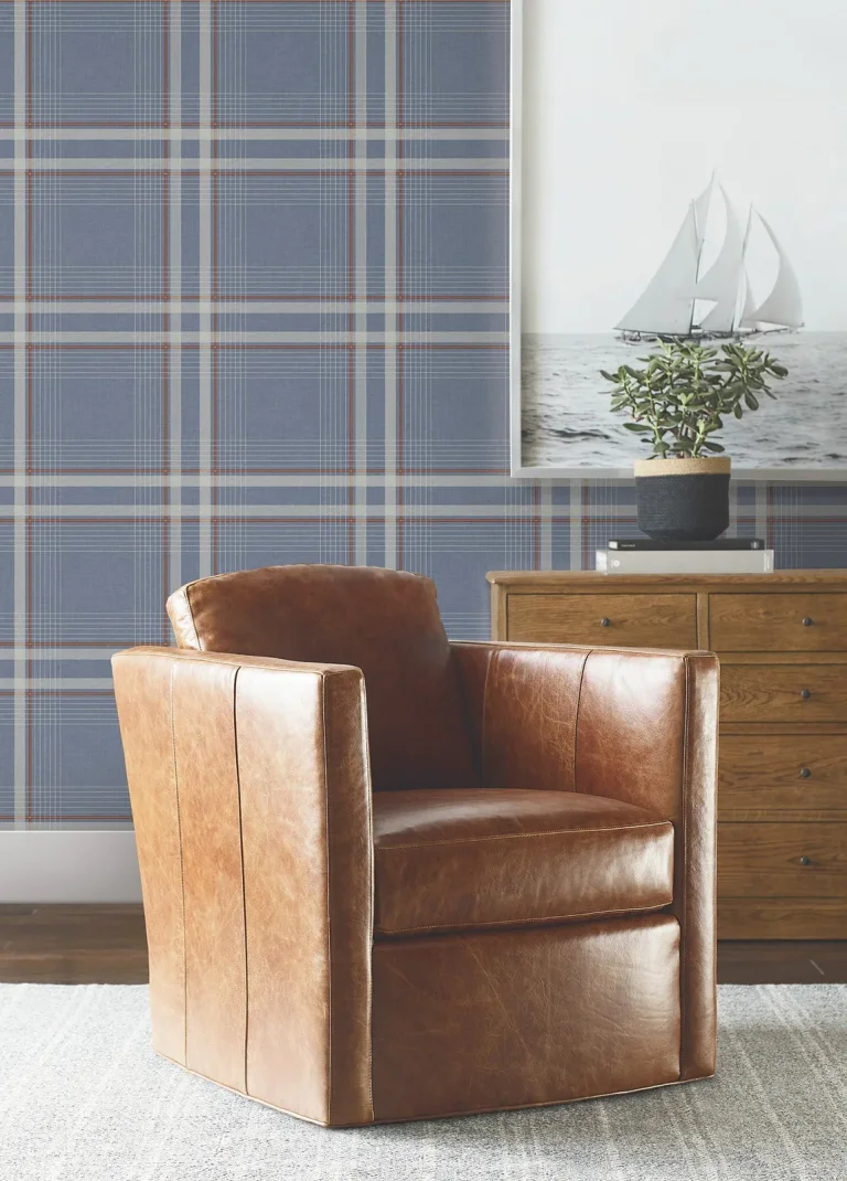 Ronald Redding Country Club Plaid Faux Linen Wallpaper - Denim — Ảnh 2