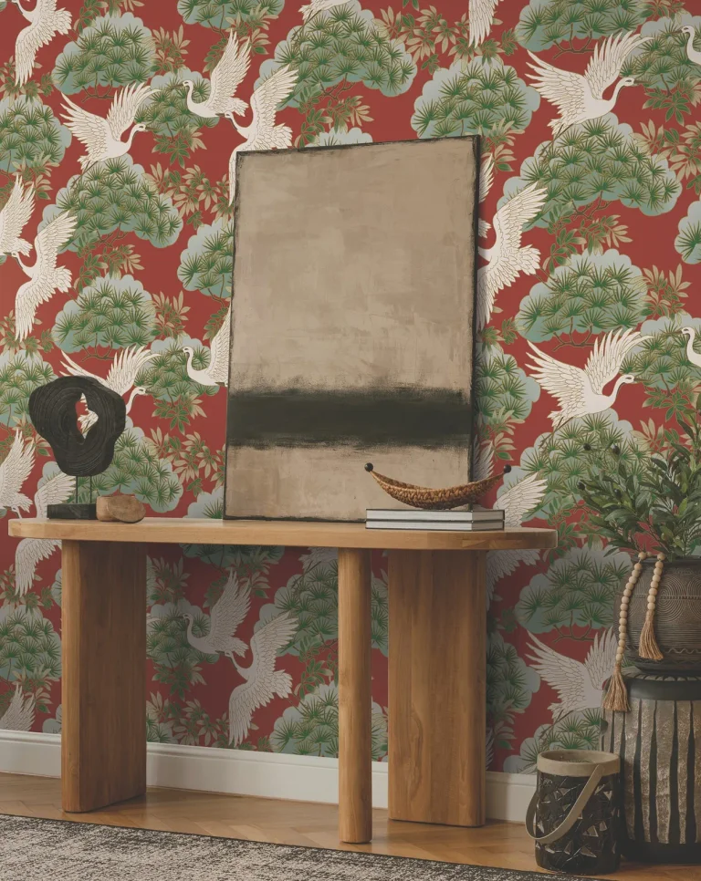 Ronald Redding Sprig & Heron Wallpaper - Red — Image 2
