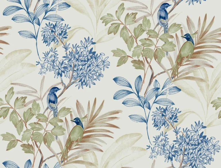 Handpainted Songbird Peel and Stick Wallpaper - Green/Blue — Ảnh 3