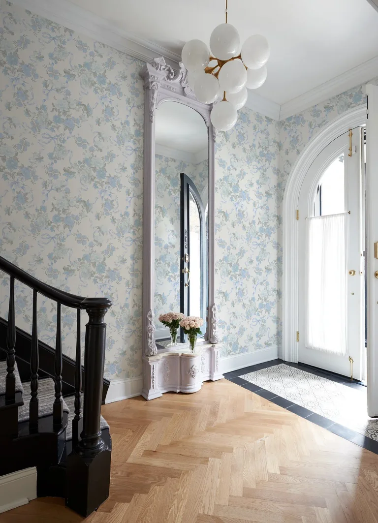 LoveShackFancy Cabbage Rose Bow Ribbons & Roses Wallpaper - Dusty River Blue — Ảnh 2